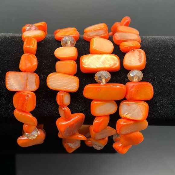 Freeform Shell Bead Bracelet Lot 4 Orange Beaded Stretch Coconut Beach Kawaii - Picture 1 of 7